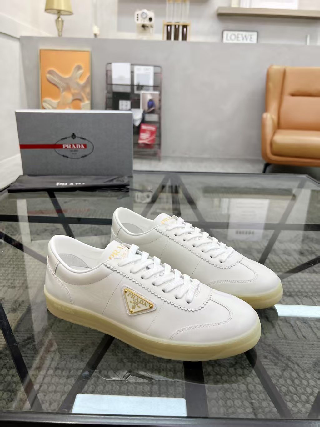 Prada Men's Low-Top Leather Sneakers - Cream Rubber Sole